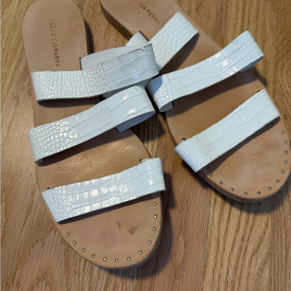 Freda Salvador White Croc-Embossed Three-Strap Slide Sandals